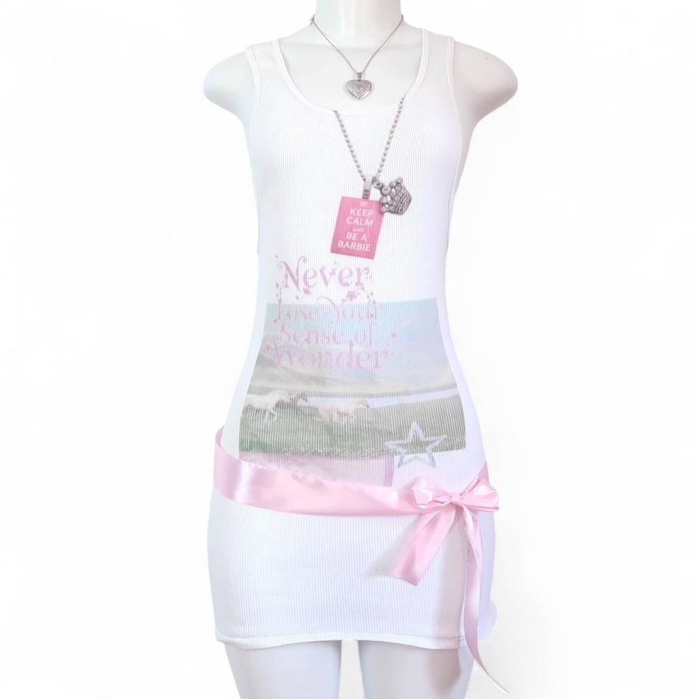 y2k white graphic ribbed tank top mini dress pink bow